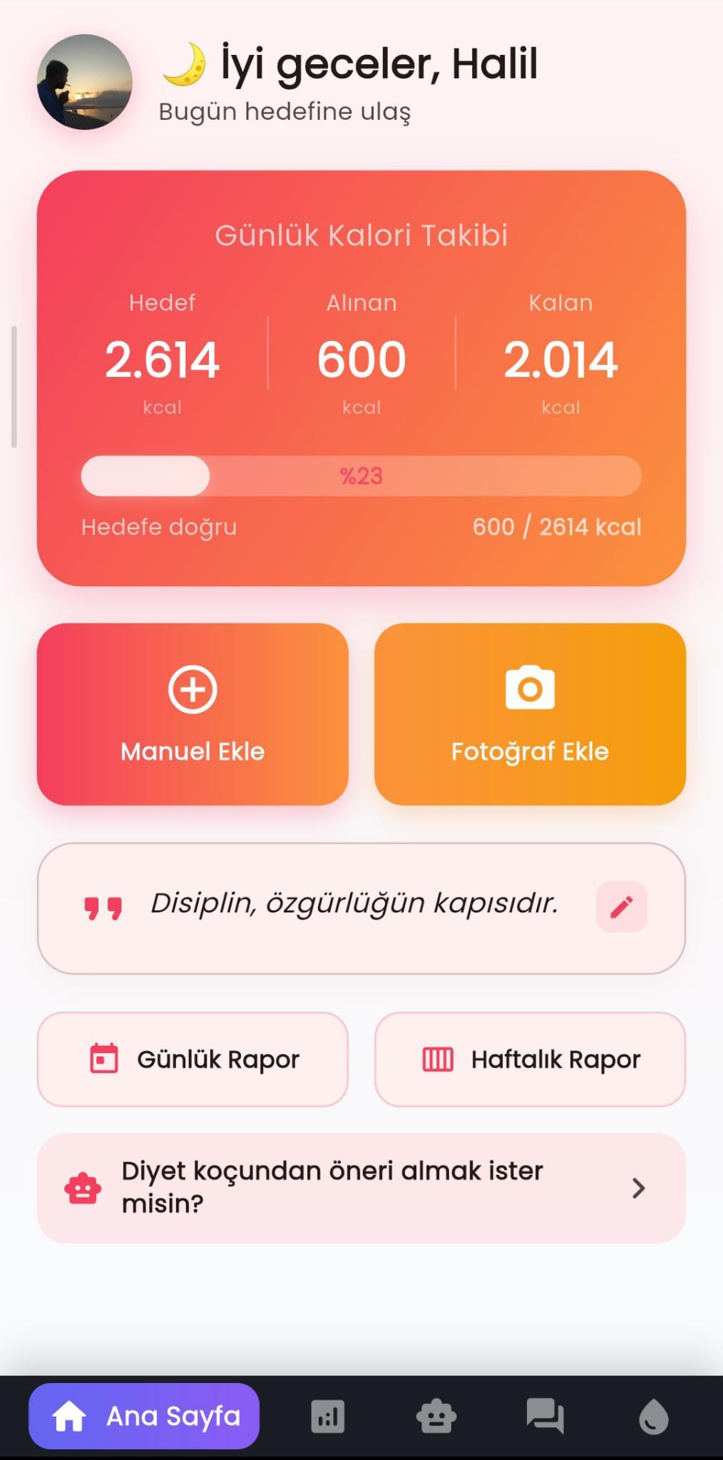 Diyet Koçum ana sayfa ekranı