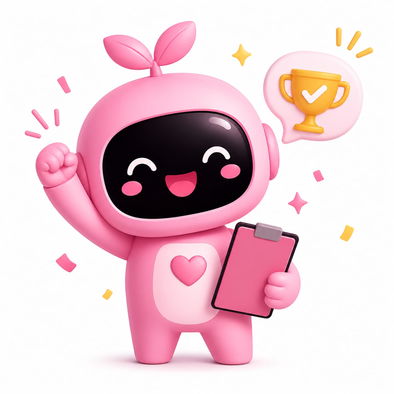Diyet Koçum maskotu — kutlama yapan pembe robot
