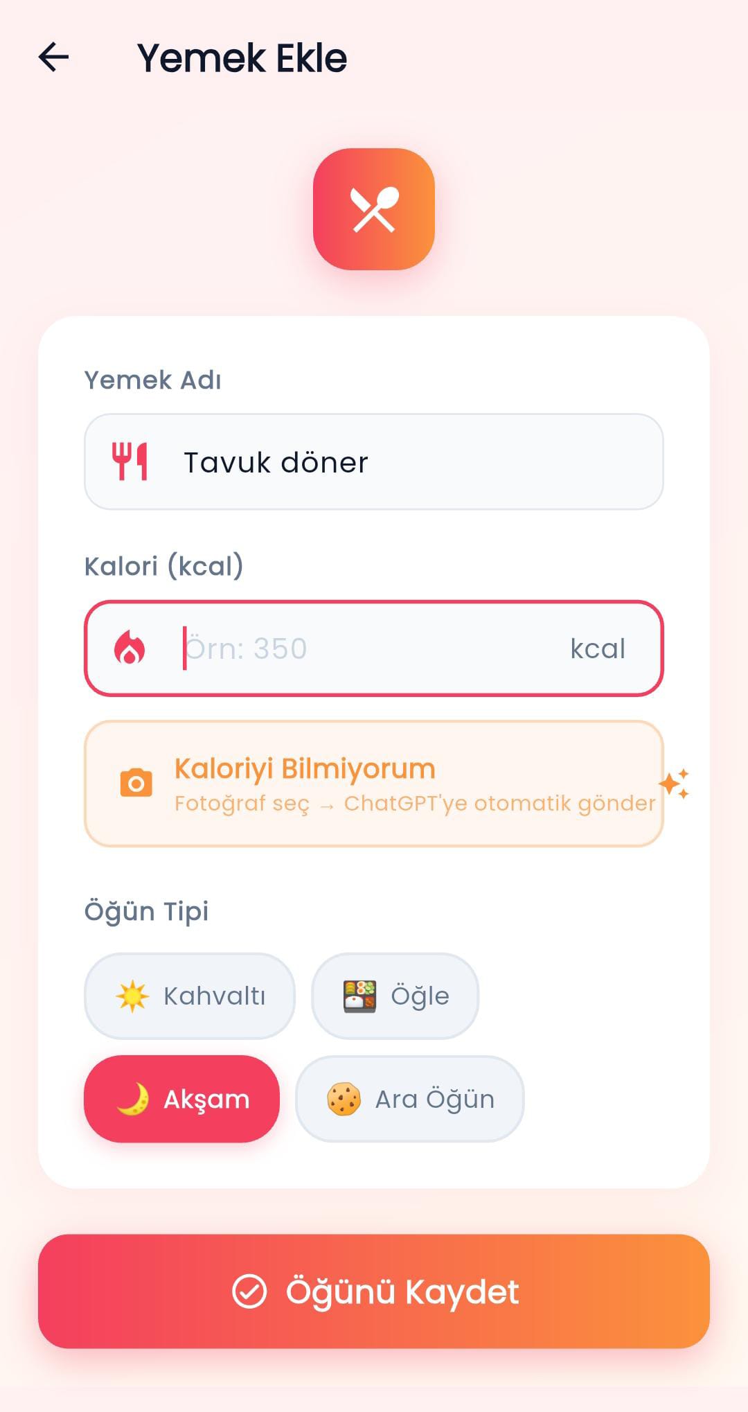 Manuel yemek ekleme ekranı